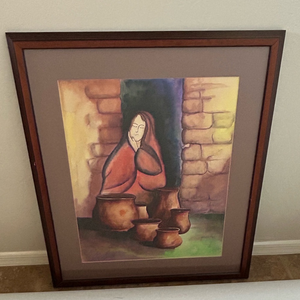 Carlos Anzueta: Woman with Pots, Watercolor Painting, Signed, Puerto Rican Art